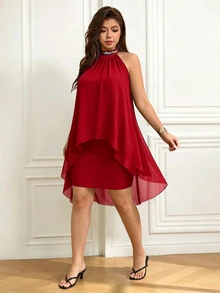Femmeverse Women's Plus Size Summer New Pleated Halter Neck Sequin Patchwork Sleeveless High Waist Bodycon Dress - Red - View 6