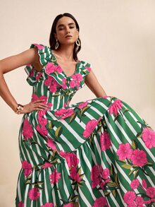 LOTSLUV Women's Spring/Summer Vacation V-Neck Structured Ruffle Embroidered Cinched Waist Ruched Blue Striped And Pink Floral Placement Print Dress - Green - View 1