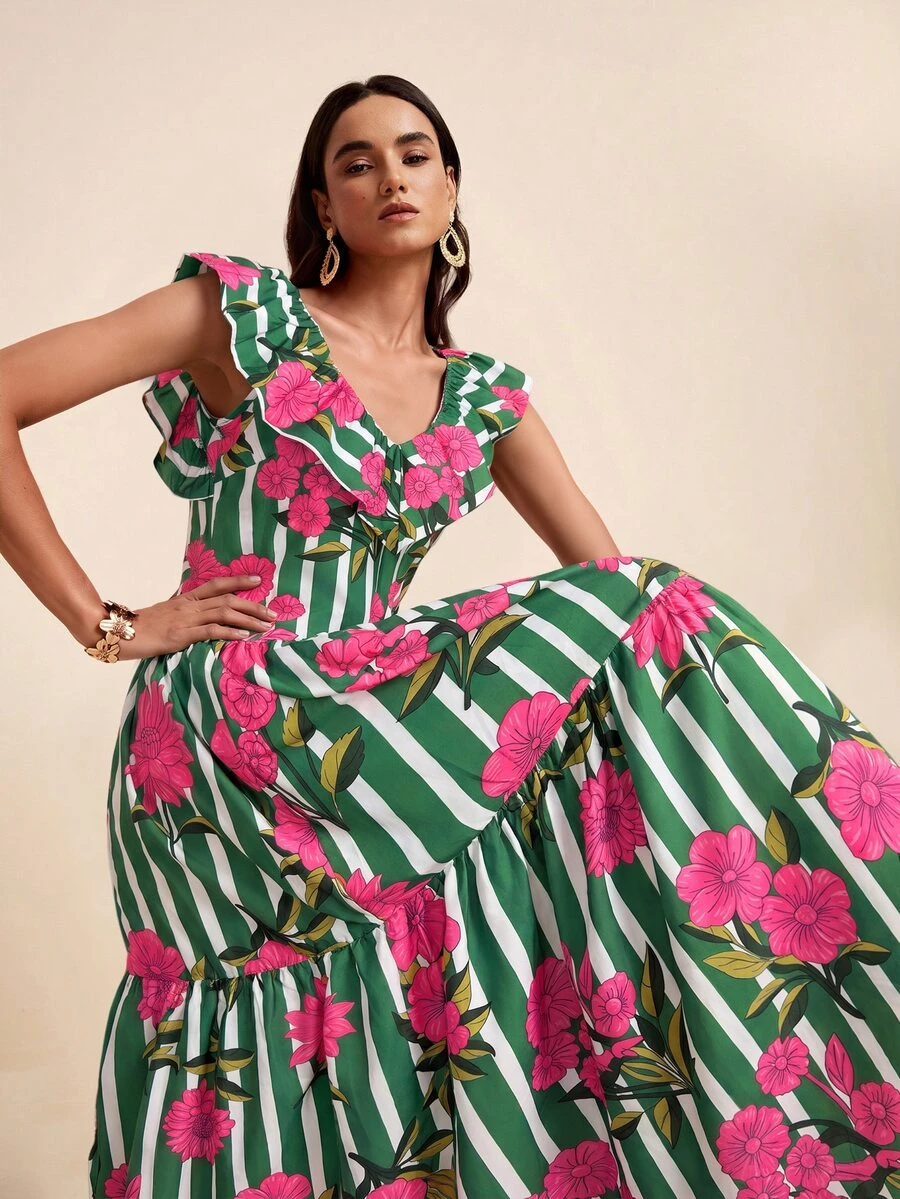 LOTSLUV Women's Spring/Summer Vacation V-Neck Structured Ruffle Embroidered Cinched Waist Ruched Blue Striped And Pink Floral Placement Print Dress - Green - View 1