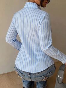 SHEIN EZwear Plus Size Casual Striped Single-Breasted Long Sleeve Shirt - Multicolor - View 1