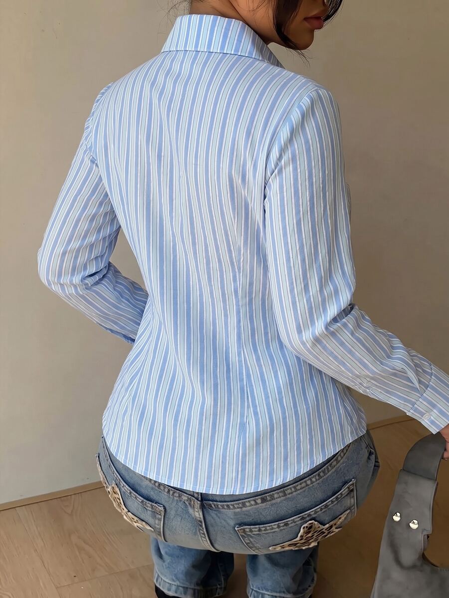 SHEIN EZwear Plus Size Casual Striped Single-Breasted Long Sleeve Shirt - Multicolor - View 1