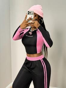 BamGleam Women's 2pcs Set, Black & Pink Contrast Color Patchwork Webbing Trim Round Neck T-Shirt With Print, Long Sleeve Raglan Pants - black red - View 7