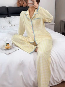 Napfluff Women's Woven Plaid Print Contrast Trim Long Sleeve Long Pants Pajama Set - Yellow - View 5