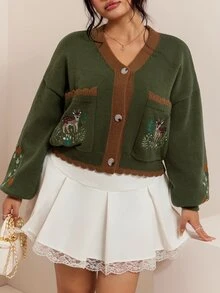 CovetEZ Autumn/Winter New Deer Plant Embroidery Pattern Halloween Christmas Casual Colorblock Cute Plus Size Cardigan - Green - View 6