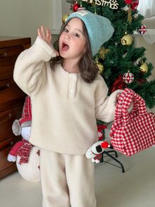 DAZY Infant/Toddler (Girl) Round Neck Solid Color Autumn/Winter Long Sleeve Fleece Sweatshirt Set - White - View 5
