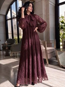 Yasveil Women's Wine Red Knitted Lace Long Sleeve Cinched Waist A-Line Elegant Romantic Arabian Dress - Burgundy - View 7