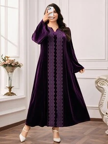 Al Najma Plus Size Women's Contrast Lace Long Sleeve Elegant Arabian Dress - Purple - View 7