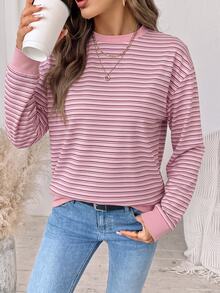 SHEIN LUNE 女款條紋休閒日常長袖運動衫 - 白色 - 查看 5