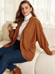 Rosumi Women's Plus Size Brown Textured Long Sleeve Knit Cardigan - Brown - View 2