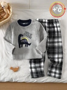 Boys Gray Plush Plaid Long Sleeve Pants Casual Comfortable 2 Pieces Loungewear Set - Light Grey - View 4