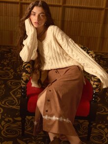 MOTF STUDIO WOMEN'S AUTUMN/WINTER VINTAGE BOHEMIAN SUEDE EMBROIDERED HEM LONG SKIRT - Rust Brown - View 4