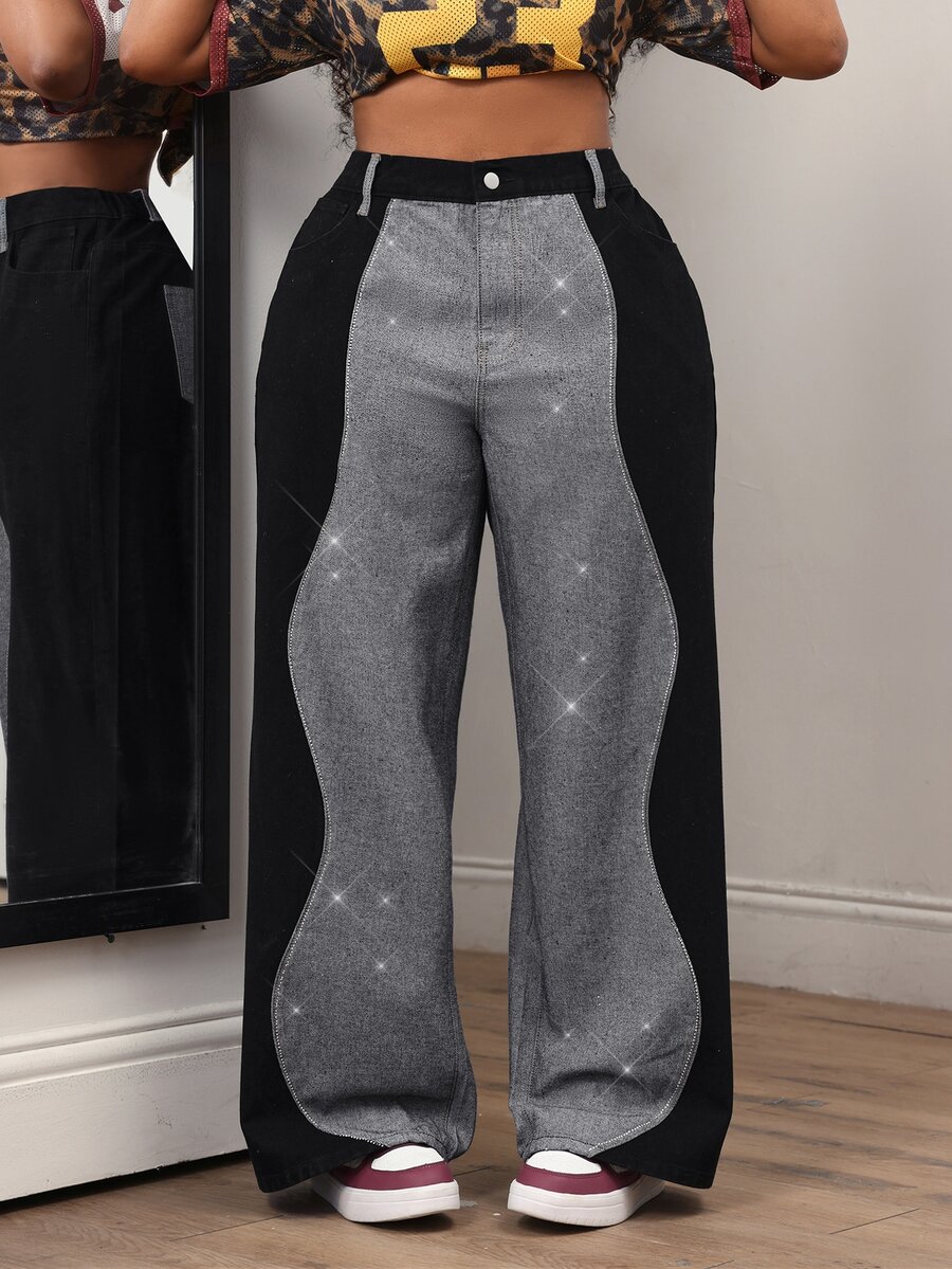 Slaydiva Celana Jeans Lebar dengan Kancing Saku dan Warna Kontras Ukuran Plus, Cocok untuk Liburan, Jalan-jalan, Musim Gugur, Kasual, dan Anti Sosial. - Hitam - View 1