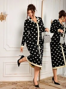 Modelyn Plus Size Women's Heart Pattern Single-Breasted Long Sleeve Slim Fit Elegant Knit Dress - Black - View 1
