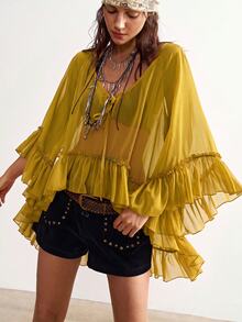 Bohemela Casual Solid Color Woven Ruffle Trim Oversized Women's Blouse - Yellow - View 6
