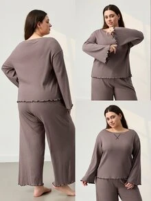 LUVLETTE Fall Women's Plus Size Brown Round Neck Long-Sleeved Pants Loungewear Set, Ribbed Texture Fabric, Comfortable Cotton Pajamas Lounge Sets For Women - Coffee Brown - View 2