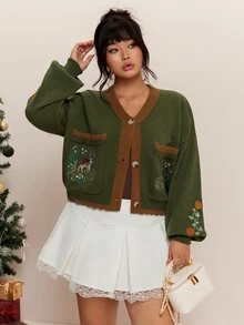 CovetEZ Autumn/Winter New Deer Plant Embroidery Pattern Halloween Christmas Casual Colorblock Cute Plus Size Cardigan - Green - View 5