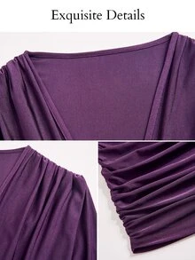SOLERSUN Plus Size Women's Deep V-Neck Folded Shoulder Long Sleeve Ruched Waist Bodycon Mini Dress, Purple Elastic Slim Fit Halloween Party Dress Fall - Purple - View 8