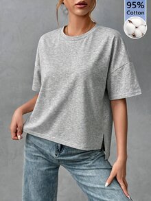 SHEIN Essnce 純棉舒適女款極簡基本款前短後長T恤，時尚百搭，適合外出、穿搭、旅行、度假 - 灰色 - 查看 1