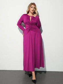 Maija Plus Size Women Solid Color Pleated Casual Elegant Party Formal Date Night Dress Magenta Autumn - Lilac Purple - View 3