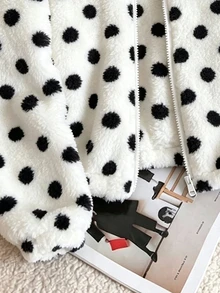 SHEIN 女童絨毛外套，棕色底色配白色波點，復古俏皮風格，秋季上衣秋季穿搭，冬季長袖上衣拉鍊外套，黑色洋裝 - 彩色 - 查看 5