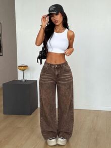 SHEIN PETITE 女款直筒寬鬆休閒百搭牛仔褲，附口袋 - 棕色 - 查看 7