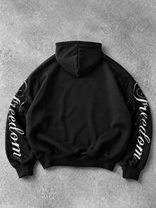 ROMWE MEN Men's Casual Letter Print Colorblock Hoodie - Black - View 2