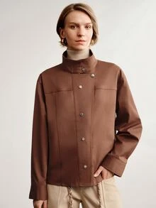 Briarwyn Jaket Lengan Panjang Wanita Warna Polos Kasual Serbaguna untuk Pemakaian Sehari-hari - Rust Brown - View 3