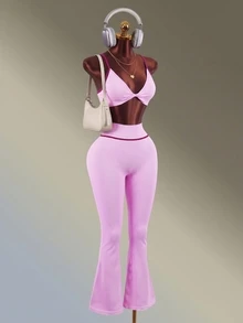 Amplova Women's Colorblock Pleated Camisole Top And High-Waisted Leggings Casual Daily Sports Set - Pink - View 4