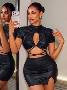 BamGleam Women's Solid Color PU Leather Hollow Cross Design Short Sleeve Sexy Dress Halloween Club Night Out Black Autumn Club Clothes Party Sexy Dress Concert - Black - View 1