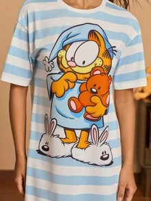 GARFIELD | SHEIN Women's Striped Round Neck Short Sleeve Casual Nightgown - Blue and White - View 3