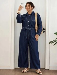 Lounesse Plus Size Women's Casual Daily Denim Jumpsuit - Blue - View 1