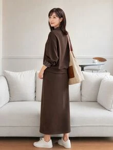 Yumoku Women's Contrast Color Long Sleeve Top And Skirt Casual 2 Pieces Set - Brown - View 2