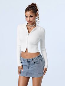 Y2Kool Cream White Ribbed Knit Women's Cardigan, Lapel Zipper Short Fitted Jacket, Korean Sweet Cool Casual Style, Commute Date Shopping Layering Top - White - View 5