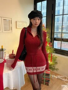 DAZY Women's Solid Color Long Sleeve Christmas Vibe Casual Sweater 2 Pieces Set, Autumn/Winter - Red - View 2