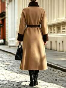Balvessa Fall Clothes FOR WomenWomen's Contrast Color Raglan Sleeve Elegant Long Overcoat - Brown - View 2