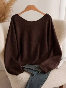 CosyJoli Sweater Wanita Ukuran Besar dengan Pita di Belakang, Mode Musim Gugur/Dingin, Nyaman dan Serbaguna - Coffee Brown - View 2