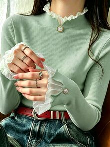 RosyDaze Autumn/Winter Sweet & Gentle Style Pink Ribbed Knit Base Layer Top, Chiffon Frill Trim Semi-High Neck Pearl Button Fitted Flare Long Sleeve T-Shirt, Versatile Inner Layer Top For Commute And Date - Green - View 4