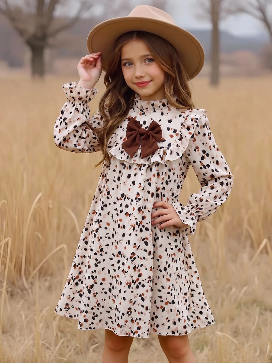 Tween女孩雙胞胎女孩格紋寬鬆可愛休閒格紋圖案荷葉邊裝飾荷葉袖燈芯絨法式長袖洋裝 - 彩色 - 查看 1