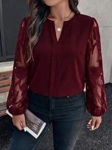 Reflora Plus Size Elegant Cutout V-Neck Business Blouse - Burgundy - View 5