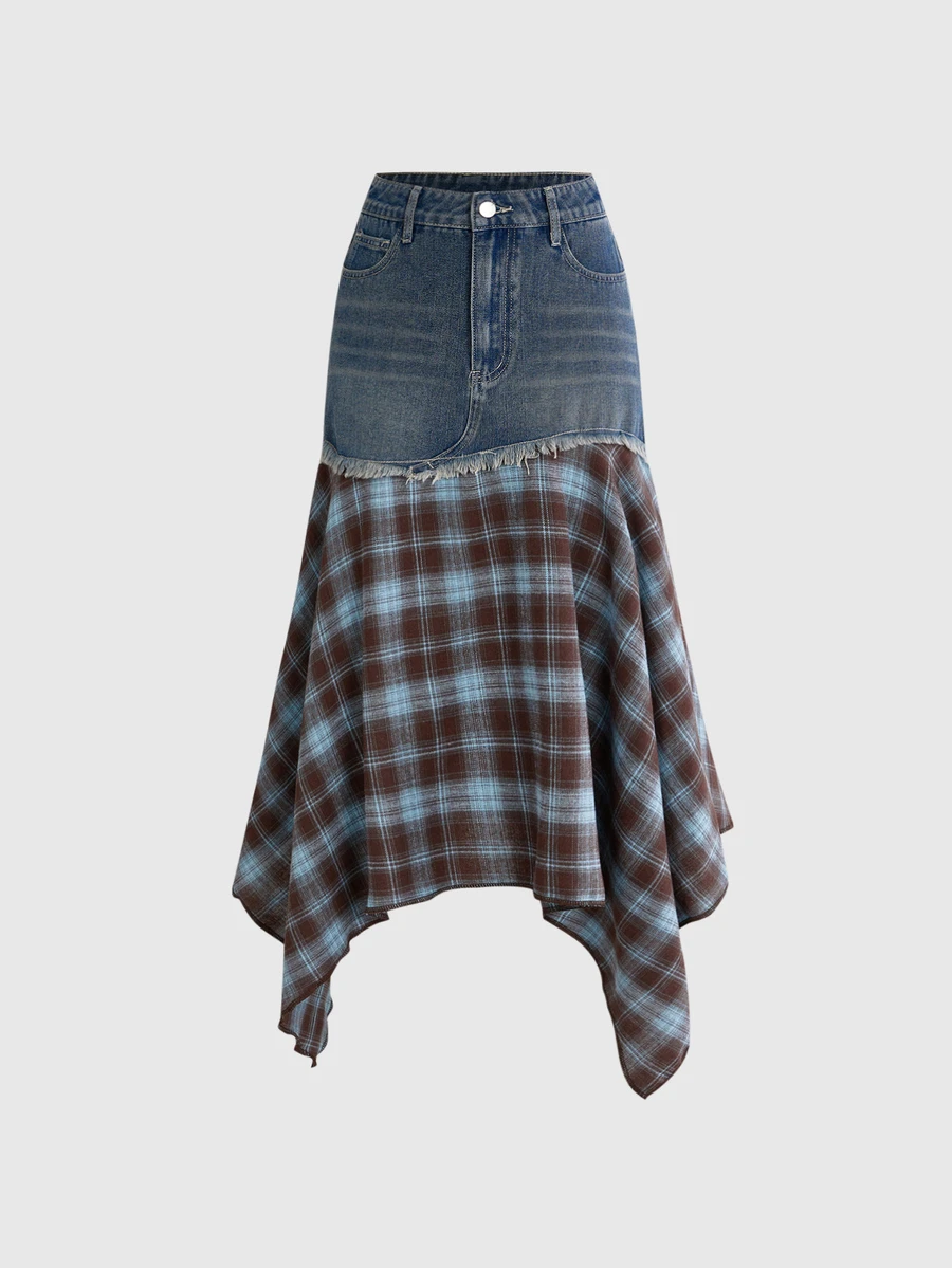 ROMWE Grunge Punk Autumn/Winter Vintage Plaid Patchwork Asymmetrical Hem Washed Denim Skirt - Multicolor - View 1