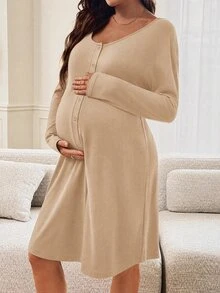 Slowluna Maternity Solid Color Nursing Dress - Khaki - View 7