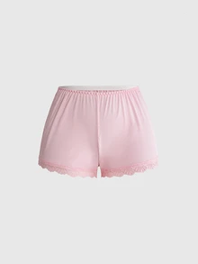 ROMWE 羅紋蕾絲細肩帶背心與短褲休閒睡衣套裝 - 粉色 - 查看 7