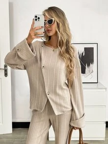 Elyressa Women's 2 Pieces Set, Comfortable Home Casual Textured Fabric Asymmetrical Button Decor Fold-Over Long Sleeve Top And Wide Leg Long Pants, Autumn/Winter - Multicolor - View 4