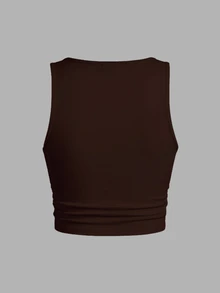 Slaydiva (Premium Fabric Version) - Summer Knit Fine Ribbed Multi-Function Sleeveless Cropped Solid Color Asymmetrical Neckline Tank Top - Rust Brown - View 2
