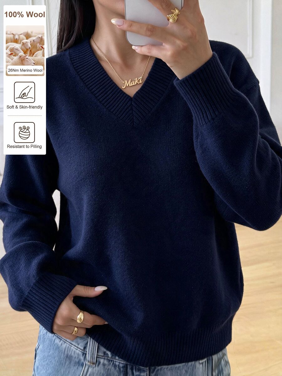 SHEIN Tween Girls Striped Colorblock Cable Knit V-Neck Lantern Sleeve Oversized Pullover Sweater, Suitable For Autumn/Winter And Outdoor Wear - Navy Blue - View 1