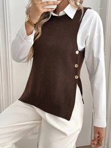 Sprig & Strand Women's Vintage Minimalist Round Neck Knit Vest With Double-Sided Gold Buckles, Loose Sleeveless Layering Sweater - Brown - View 6