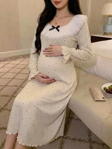 DAZY Polka Dot Patchwork Ruffle Trim Loose Long Sleeve Casual Daily Home Wear Spring Autumn Long Dress Maternity Dress - Apricot - View 7