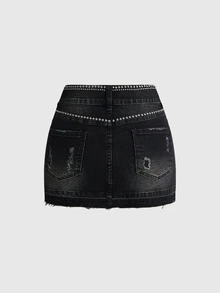 ROMWE Women's Y2K Party Hot Girl Sequin Black Denim Skirt - Black - View 1