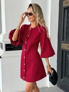Pariaura Desain Fashion Baru, Gaun Pendek Kasual Elegan Serbaguna dengan Leher Bulat Warna Burgundy - Burgundy - View 6