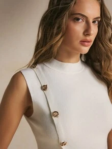 Poéselle Women's White Sleeveless Knit Top, Mock Neck Slim-Fit Sweater Vest With Decorative Gold Buttons, Asymmetric Hem And Side Slit, Elegant Casual Top - Beige - View 4